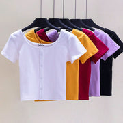 Square Collar Button-Up T-Shirt